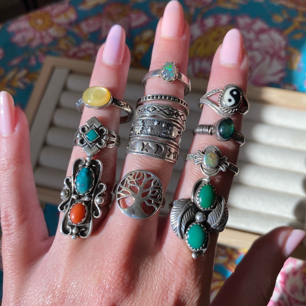 Sterling Silver Ring LOT bohemian Native American Opal celestial hippie stone